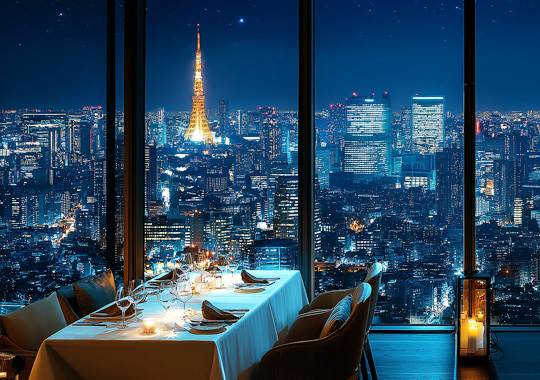 レストランの窓から見える夜景